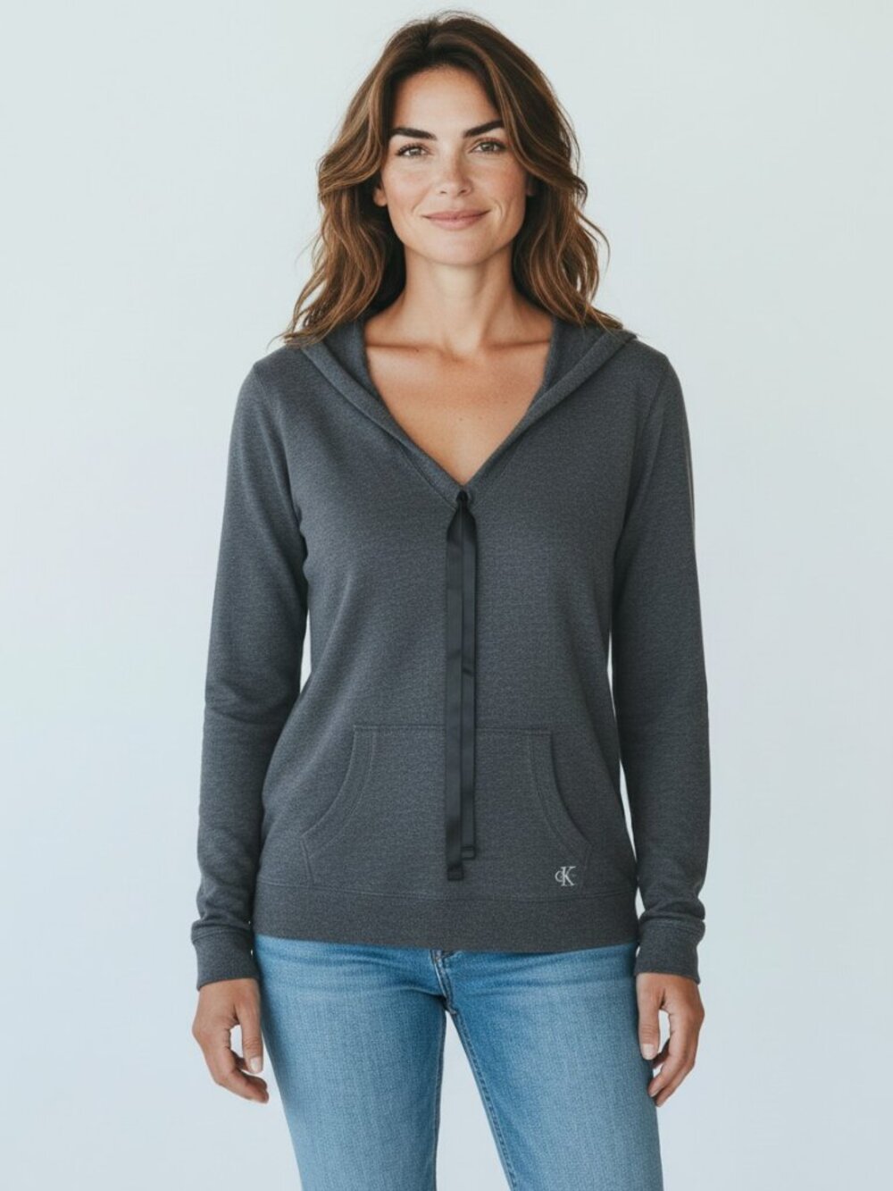 Calvin Klein Jeans Gray Modal V Neck Hoodie S Satin Ribbon Cozy Athleisure